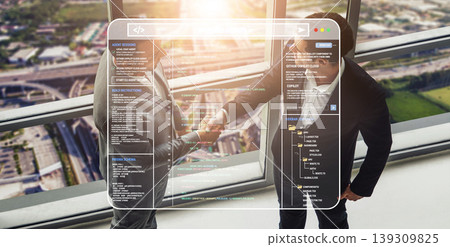Business Partnership Agreement in Modern Office with Digital Interface and Cityscape View in Background Quark Business Partnership Agreement in Modern Office with Digital Interface and Cityscape View in Background Quark 139309825