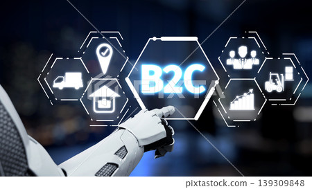 Advanced Robot Hand Interacting with Business to Consumer Graphics in a Modern Digital Setup Showcasing E-commerce and Technology Innovations Synapse 139309848