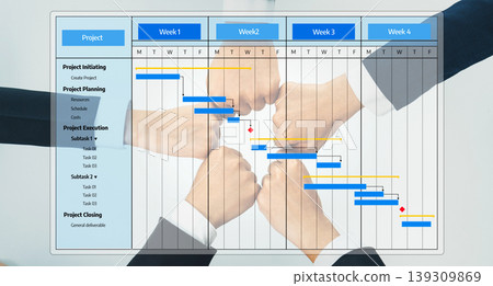 Team Collaboration on Project Management Timeline with Gantt Chart and Hands Depicting Weeks of Planning and Execution Stages. Amity Team Collaboration on Project Management Timeline with Gantt Chart and Hands Depicting Weeks of Planning and Execution Stages. Amity 139309869