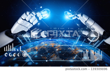 Futuristic Digital Interface with Robotic Arms Analyzing Global Data Insights and Visualizing Innovative Technology Trends in 21st Century Scalp Futuristic Digital Interface with Robotic Arms Analyzing Global Data Insights and Visualizing Innovative Technology Trends in 21st Century Scalp 139309896