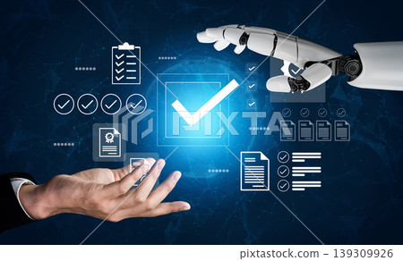 Human Hand Reaching Towards Robotic Hand with Digital Symbols of Approval, Technology, Automation, and Innovation in a Futuristic Environment Gantry Human Hand Reaching Towards Robotic Hand with Digital Symbols of Approval, Technology, Automation, and Innovation in a Futuristic Environment Gantry 139309926