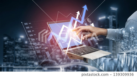 Business professional analyzing data trends on a laptop with graphical visualizations of growth and analytics in a modern city skyline backdrop Scalp 139309936