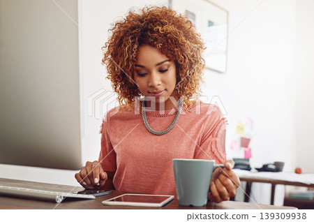Office, coffee or designer with tablet for research, technology or analysis online on website at desk. News, phone or woman in startup drinking tea or working on digital update on internet or app Office, coffee or designer with tablet for research, technology or analysis online on website at desk. News, phone or woman in startup drinking tea or working on digital update on internet or app 139309938