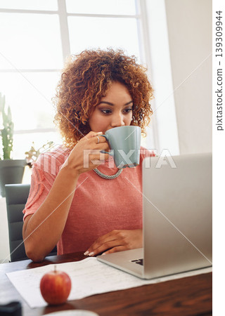 Coffee, happy woman or designer with laptop for research, technology or stats analysis on website. Data analytics, typing or female person in office drinking tea, working on update or reading news Coffee, happy woman or designer with laptop for research, technology or stats analysis on website. Data analytics, typing or female person in office drinking tea, working on update or reading news 139309944