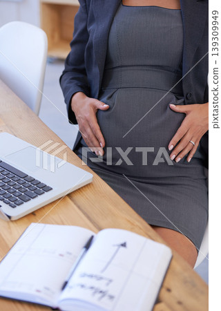 Businesswoman, pregnant and maternity date book for work break, childcare as waiting for motherhood. Female person, stomach and hands as professional employee for baby relax, note for career rest Businesswoman, pregnant and maternity date book for work break, childcare as waiting for motherhood. Female person, stomach and hands as professional employee for baby relax, note for career rest 139309949