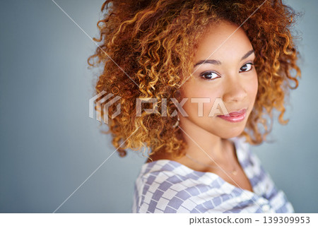 Portrait, confident and creative business woman isolated on a gray background mockup space. Face, professional designer and entrepreneur, young worker or employee at startup office in South Africa Portrait, confident and creative business woman isolated on a gray background mockup space. Face, professional designer and entrepreneur, young worker or employee at startup office in South Africa 139309953