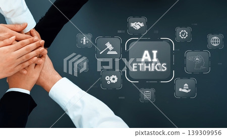 Collaborative Hands Symbolizing Unity and Partnership: Emphasizing AI Ethics in Technology and Society with Icons Representing Responsibility and Integrity. Raster Collaborative Hands Symbolizing Unity and Partnership: Emphasizing AI Ethics in Technology and Society with Icons Representing Responsibility and Integrity. Raster 139309956
