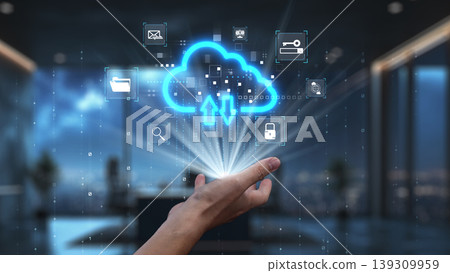 Cloud Computing Concept with Digital Icons and Hand in Modern Office Environment Representing Data Storage and Management. Auvana Cloud Computing Concept with Digital Icons and Hand in Modern Office Environment Representing Data Storage and Management. Auvana 139309959