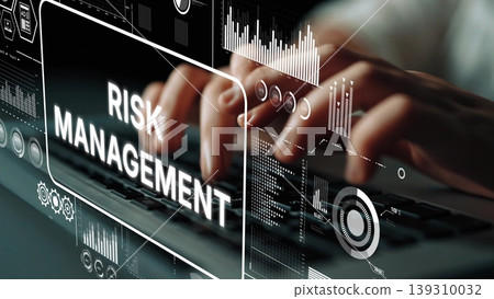 Hands Typing on Keyboard with Digital Risk Management Concept Displayed on Screen in Modern Office Environment. Asymptotic smart data analytic 139310032