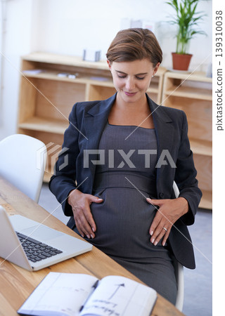 Woman, pregnant and maternity date thinking of break, childcare rest as waiting motherhood. Female person, stomach and hands as professional employee for career relax, notebook for health research 139310038
