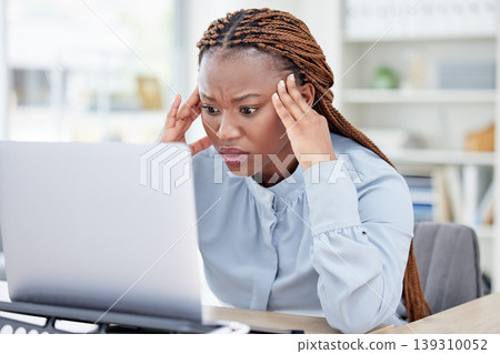Black woman, laptop and stress headache in office with mistake, fail or error at accounting agency. Employee, accountant and frustrated face with thinking, 404 glitch or ideas with anger for pc crash Black woman, laptop and stress headache in office with mistake, fail or error at accounting agency. Employee, accountant and frustrated face with thinking, 404 glitch or ideas with anger for pc crash 139310052