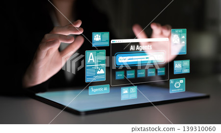 Conceptual representation of artificial intelligence agents interacting with virtual interface and holograms displaying various information categories in a modern digital environment Sigmoid. 139310060