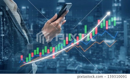 Businessman Using Smartphone to Analyze Financial Market Trends in Urban Nightscape with Colorful Stock Graphs and Data Overlays Copula 139310091
