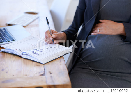 Businesswoman, pregnant and date for maternity closeup .for work break, waiting for motherhood. Female person, stomach and notebook as professional employee for career relax, appointment for care 139310092