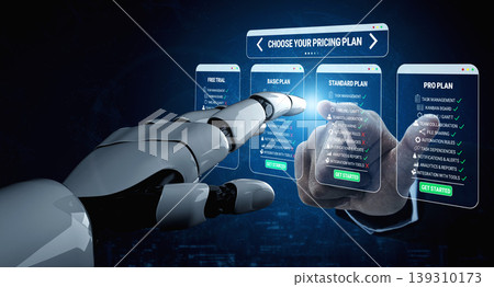 Futuristic Robotic Hand Interacting with Pricing Plans on Digital Interfaces for Subscription Services in Modern Tech Environment Quark 139310173