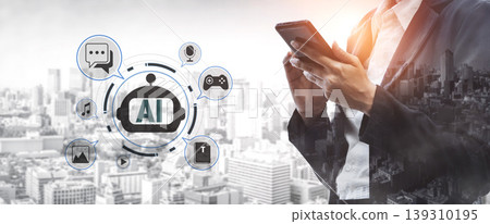 Modern Business Professional Using Smartphone with AI Technology and Urban Skyline in Background Showcasing Digital Communication Concepts Quark 139310195