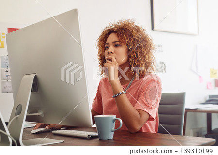 Web design, thinking or woman with computer for research, editing or copywriting on blog or website. African person, agency or worker in office, working on internet update, networking or reading news 139310199