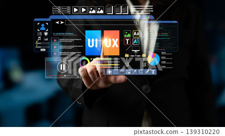 Futuristic User Interface Interaction with Touchscreen Technology in Digital Environment for Modern Business Solutions and Creative Design Fluxor 139310220