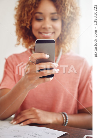 News, happy woman or designer with phone for social media, technology or networking online on website. Blog research, communication or lady in office texting or typing for update on mobile app or iot 139310222