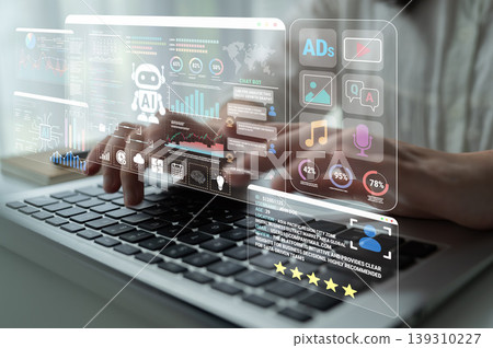 Futuristic Digital Interface with Data Analysis and AI Technology Enhancements on Laptop Screen in Modern Workspace Environment Fluxor Futuristic Digital Interface with Data Analysis and AI Technology Enhancements on Laptop Screen in Modern Workspace Environment Fluxor 139310227
