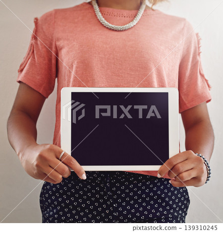 Screen, hands or tablet for marketing mockup or sale on website for advertising space. Display closeup, app ux or woman showing option, news or technology offer on social media in office or agency 139310245