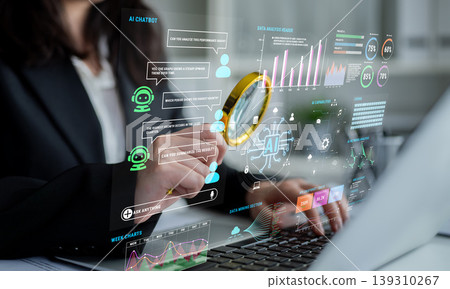 Business Professional Analyzing Data Visualizations and AI Chatbot Metrics with a Magnifying Glass in a Modern Workplace Environment Fluxor 139310267