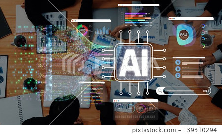 Aerial View of Business Team Collaborating on AI Technology Strategy with Data Visualizations and Digital Interfaces on Table Sigmoid. Aerial View of Business Team Collaborating on AI Technology Strategy with Data Visualizations and Digital Interfaces on Table Sigmoid. 139310294