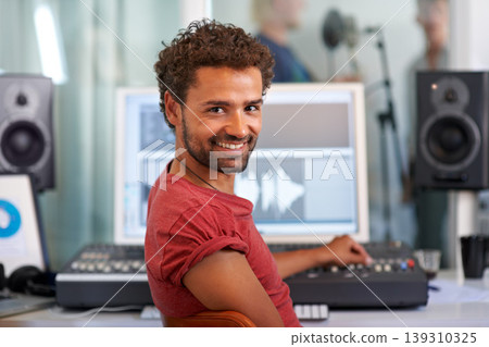 DJ, radio technician and recording studio portrait with a man and music producer with tech and computer. Sound engineer, audio and media editor with a professional in musician booth with synthesizer DJ, radio technician and recording studio portrait with a man and music producer with tech and computer. Sound engineer, audio and media editor with a professional in musician booth with synthesizer 139310325