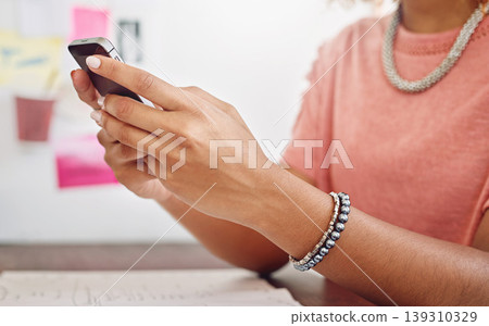 Networking, hands or designer with phone for social media, technology or typing online on website. Research, communication screen or lady in office texting on blog for update on mobile app, ux or iot 139310329