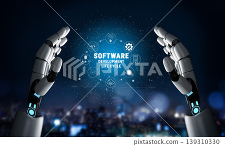 Futuristic Robot Hands Presenting Concept of Software Development Life Cycle in a Digital Environment with Night City Backdrop Quark 139310330