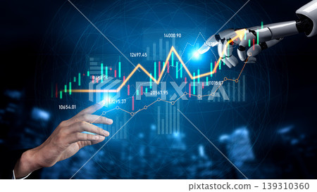 Futuristic Stock Market Interaction Between Human Hand and Robotic Arm Analyzing Financial Data with Graphs and Digital Interfaces Scalp Futuristic Stock Market Interaction Between Human Hand and Robotic Arm Analyzing Financial Data with Graphs and Digital Interfaces Scalp 139310360