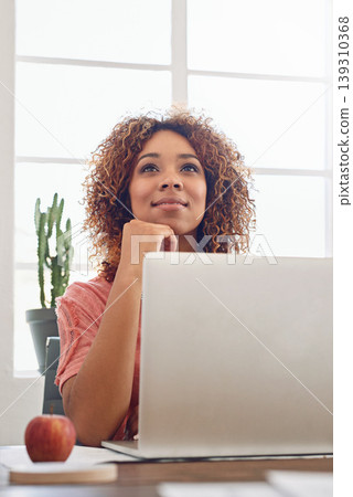 Woman thinking, web design student or laptop for research, technology or internet in office. Network, intern or African lady working on computer, website or PC for planning online ideas or vision Woman thinking, web design student or laptop for research, technology or internet in office. Network, intern or African lady working on computer, website or PC for planning online ideas or vision 139310368