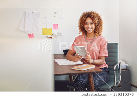 Happy woman, portrait or designer with tablet for research, news or analysis online on website. Communication, email or person working stats update on internet or app with smile in startup or office 139310376