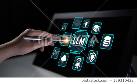 Hand Interacting with a Digital Screen Displaying Technology Icons and LLM Concept in a Dark Environment Fluxor 139310422