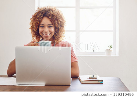Coffee, portrait or happy woman with laptop for research, technology or stats analysis on website. Remote work, typing or female worker in home office drinking tea, working on update or reading news 139310496