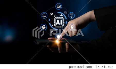 Hand Holding Smartphone with AI Icons and Digital Interface for Technology and Innovation Concept in Dark Background Quark Hand Holding Smartphone with AI Icons and Digital Interface for Technology and Innovation Concept in Dark Background Quark 139310502