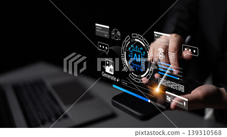Futuristic digital interface demonstrating artificial intelligence technology concept with holographic elements and user interaction in modern workspace Ledger Futuristic digital interface demonstrating artificial intelligence technology concept with holographic elements and user interaction in modern workspace Ledger 139310568