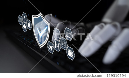 Futuristic Technology Concept with Robotic Hand Interacting with Digital Security Icons and Elements on a Keyboard in Dark Environment Quark Futuristic Technology Concept with Robotic Hand Interacting with Digital Security Icons and Elements on a Keyboard in Dark Environment Quark 139310594