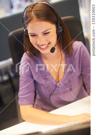 Call center, computer and happy business woman reading telemarketing report, telecom info or tech support review. Help desk customer care, ecommerce data and agent smile for online advisory feedback Call center, computer and happy business woman reading telemarketing report, telecom info or tech support review. Help desk customer care, ecommerce data and agent smile for online advisory feedback 139310603