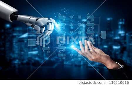 Futuristic Interaction Between Human Hand and Robotic Arm Symbolizing Technology Collaboration and Innovation in a Digital Landscape Quark Futuristic Interaction Between Human Hand and Robotic Arm Symbolizing Technology Collaboration and Innovation in a Digital Landscape Quark 139310616