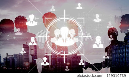 Business Networking and Relationship Building Concept with Silhouettes of Professionals and Digital Elements Representing Connections and Collaboration Sigmoid. 139310789