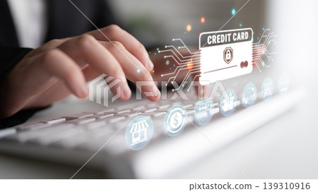 Businessman Using Laptop with Virtual Credit Card Interface for Online Transactions and Secure Payments in Digital Banking Environment Quark Businessman Using Laptop with Virtual Credit Card Interface for Online Transactions and Secure Payments in Digital Banking Environment Quark 139310916