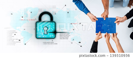Collaborative Teamwork for Cybersecurity Solutions with Digital Lock Symbol Representing Data Protection and Internet Safety Concepts Trope 139310936