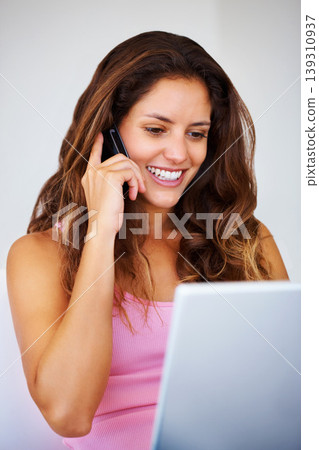 Woman, phone call and laptop with remote work and freelancer networking with a smile at home. Computer, communication and happy digital worker with talking and web information in a house with mobile Woman, phone call and laptop with remote work and freelancer networking with a smile at home. Computer, communication and happy digital worker with talking and web information in a house with mobile 139310937