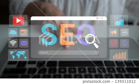 A person engaging in digital marketing activities with a focus on SEO and search engine optimization concepts represented through colorful graphics and icons Ledger A person engaging in digital marketing activities with a focus on SEO and search engine optimization concepts represented through colorful graphics and icons Ledger 139311012