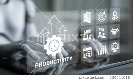 Futuristic Interface Displaying Productivity Concepts with Robotic Hand and Digital Icons for Business Innovation and Efficiency Ledger 139311018