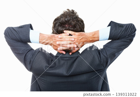 Hands, head and back of businessman relax in studio to finish work, project and productivity. Corporate, worker and isolated person resting for break on white background for calm, peace and tired Hands, head and back of businessman relax in studio to finish work, project and productivity. Corporate, worker and isolated person resting for break on white background for calm, peace and tired 139311022