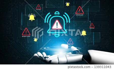 Futuristic Robot Hand Holding Alert Icons Over Circuit Background for Security and Notification Concept in Tech Illustration Gluon Futuristic Robot Hand Holding Alert Icons Over Circuit Background for Security and Notification Concept in Tech Illustration Gluon 139311043
