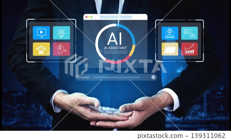 Modern Businessman Holding AI Technology Interface with Icons Representing Digital Innovation and Assistance in a Futuristic Urban Environment Gluon Modern Businessman Holding AI Technology Interface with Icons Representing Digital Innovation and Assistance in a Futuristic Urban Environment Gluon 139311062