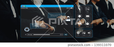 Business professionals in suits interact in a modern environment, utilizing a digital messaging interface to enhance communication and collaboration in the workplace. Sigmoid 139311070